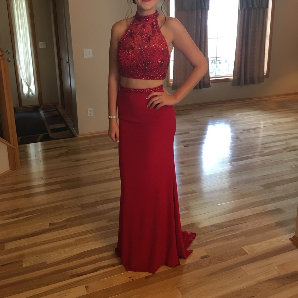 Red Two Piece Halter Prom Dress